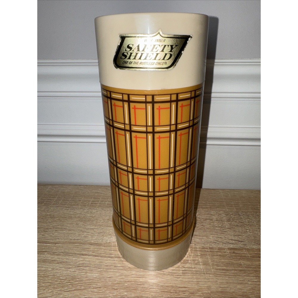 Vintage Aladdin Wide Mouth Quart Thermos Bottle Butterscotch Plaid- Made In USA